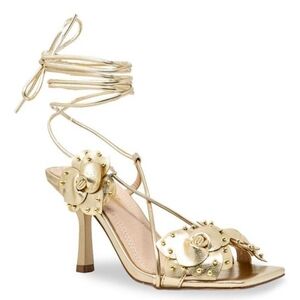 Chase+Chloe Heeled Sandals 7.5 Golden Leather Jasmine Flowers Strappy Wrap New